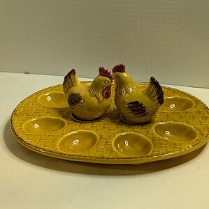 Vintage Ceramic Deviled Egg Tray with Chicken Salt Pepper Set, Mid Century.